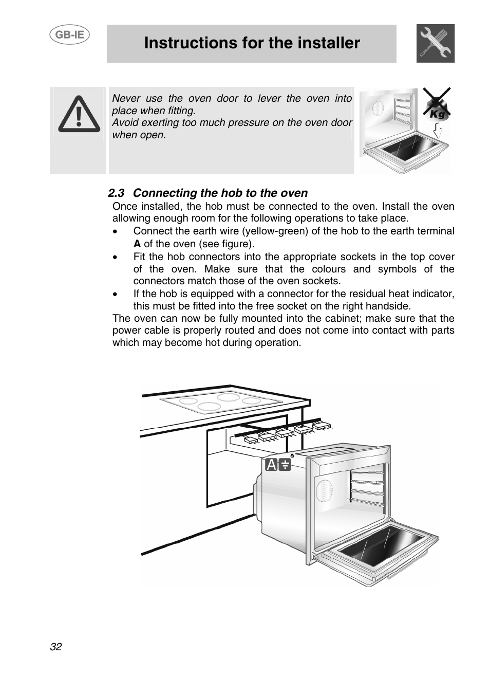 3 connecting the hob to the oven, Instructions for the installer | Smeg SA240X-5 User Manual | Page 7 / 23