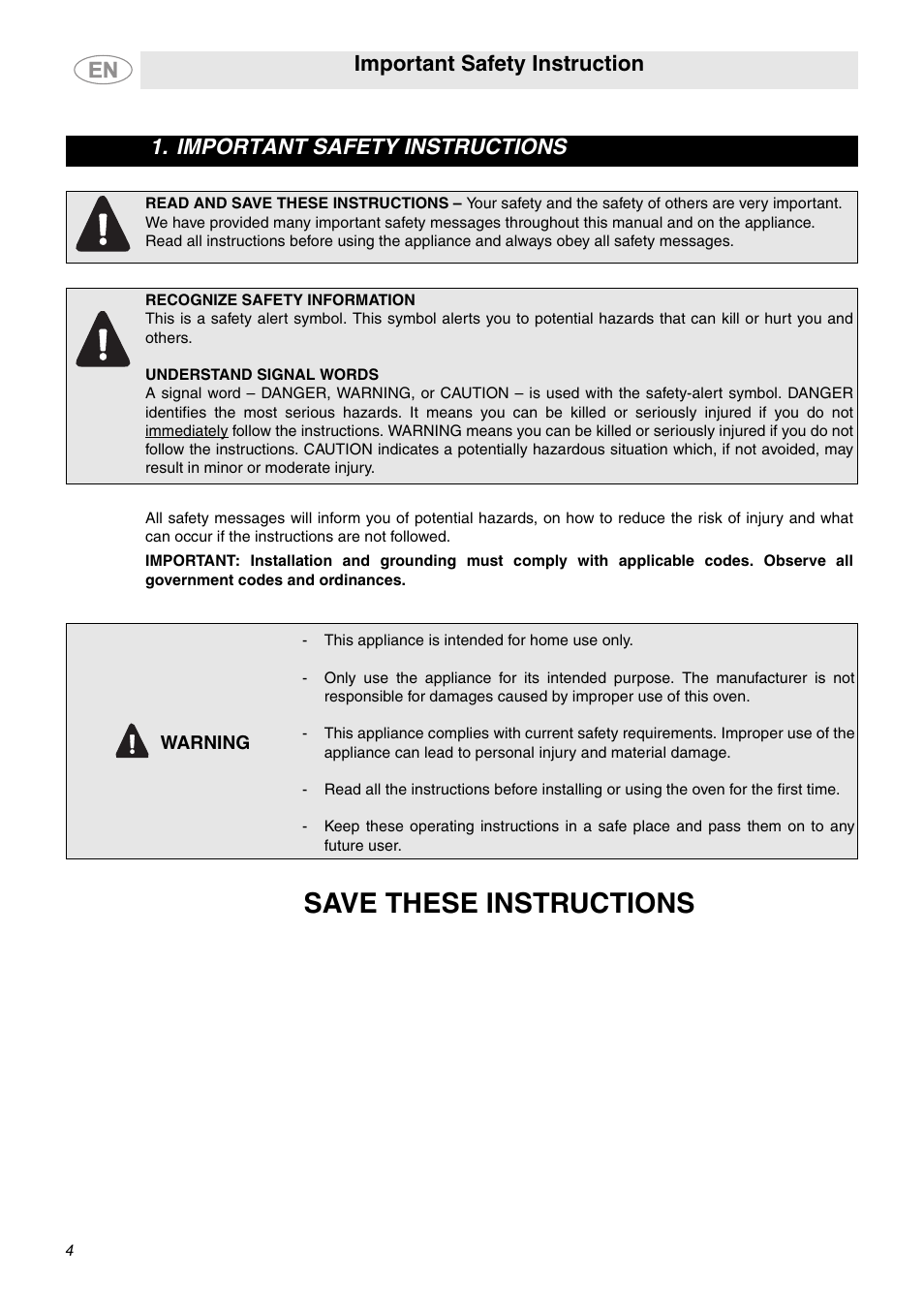 Important safety instructions, Save these instructions, Important safety instruction | Smeg SC709XU User Manual | Page 2 / 6