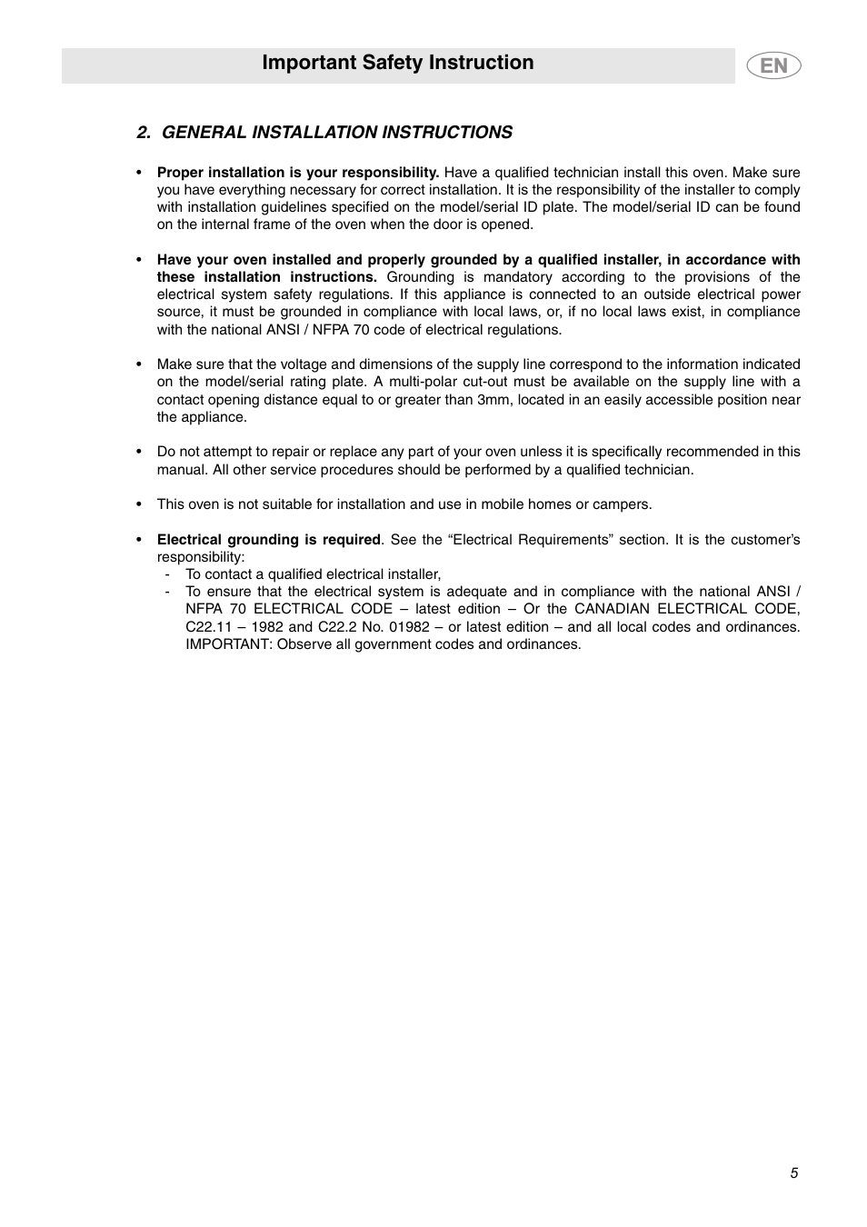 General installation instructions, Important safety instruction | Smeg SC709XU User Manual | Page 3 / 6