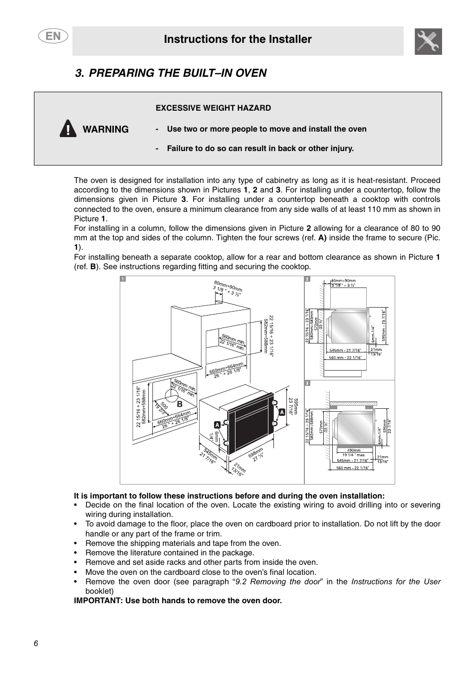 Preparing the built–in oven, Instructions for the installer | Smeg SC709XU User Manual | Page 4 / 6