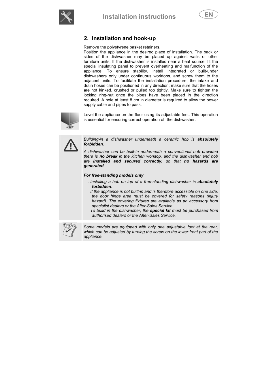 Installation instructions, Installation and hook-up | Smeg DI612CAH User Manual | Page 16 / 36