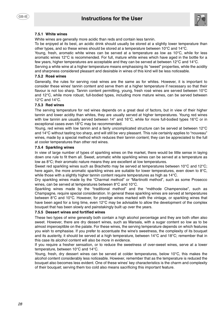 1 white wines, 2 rosé wines, 3 red wines | 4 sparkling wines, 5 dessert wines and fortified wines, Instructions for the user | Smeg GB-IE User Manual | Page 10 / 16