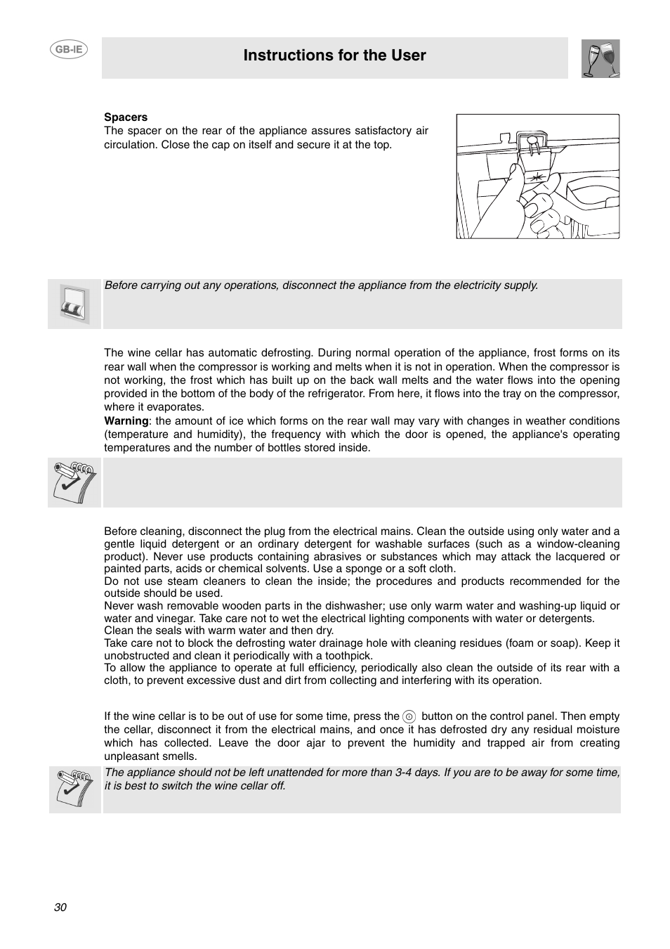 Accessories, Cleaning and maintenance, 1 defrosting the wine cellar | 2 cleaning the wine cellar, 3 switching off the wine cellar, Accessories 9. cleaning and maintenance, Instructions for the user | Smeg GB-IE User Manual | Page 12 / 16