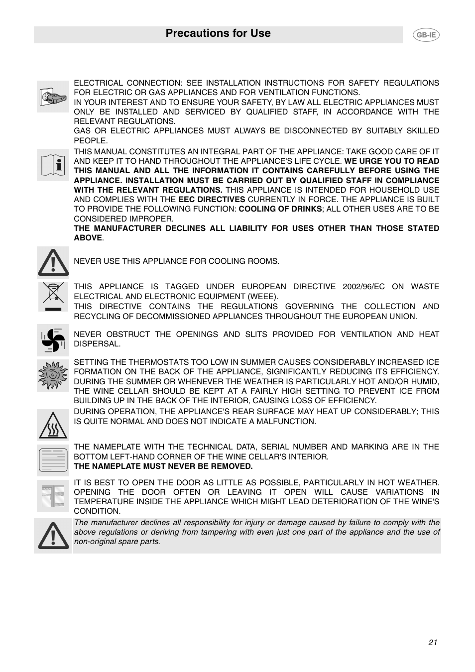 Precautions for use | Smeg GB-IE User Manual | Page 3 / 16