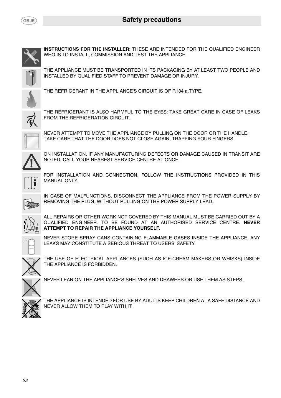 Safety precautions | Smeg GB-IE User Manual | Page 4 / 16