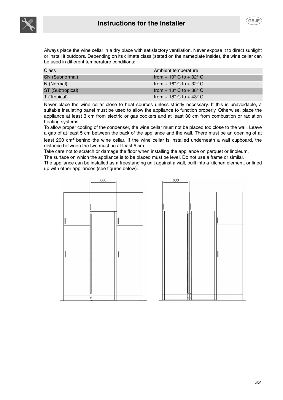 Installation and connection, Instructions for the installer | Smeg GB-IE User Manual | Page 5 / 16