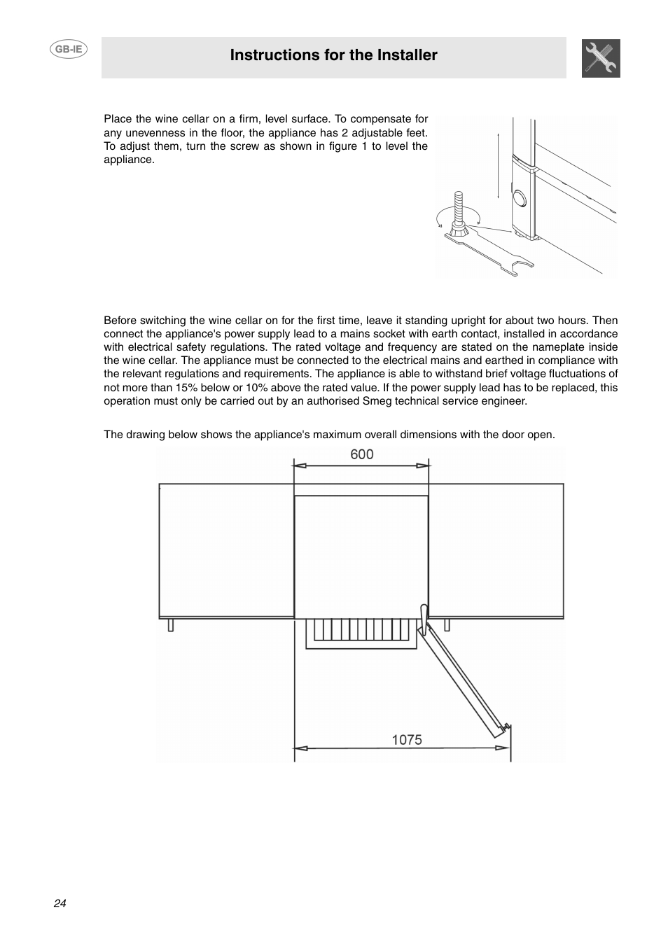 1 positioning and levelling the appliance, 2 electrical connection, 3 overall dimensions | Instructions for the installer | Smeg GB-IE User Manual | Page 6 / 16
