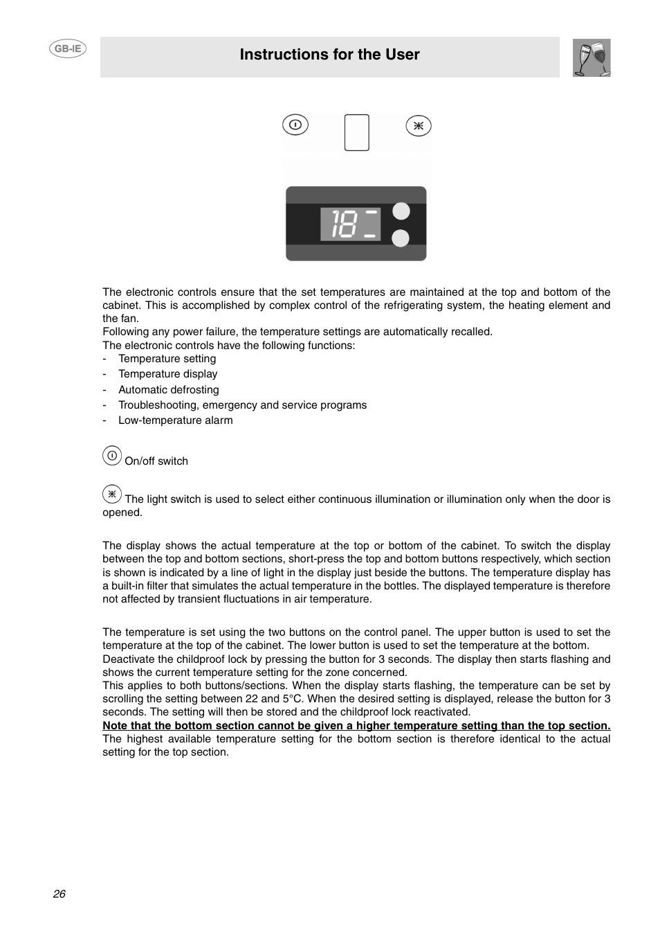 Operation, 1 electronic controls, 2 temperature display | 3 temperature setting, Instructions for the user | Smeg GB-IE User Manual | Page 8 / 16