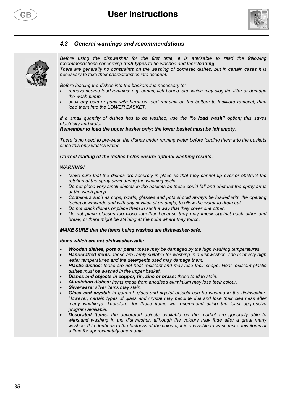 User instructions, 38 4.3 general warnings and recommendations | Smeg EL05 User Manual | Page 15 / 25