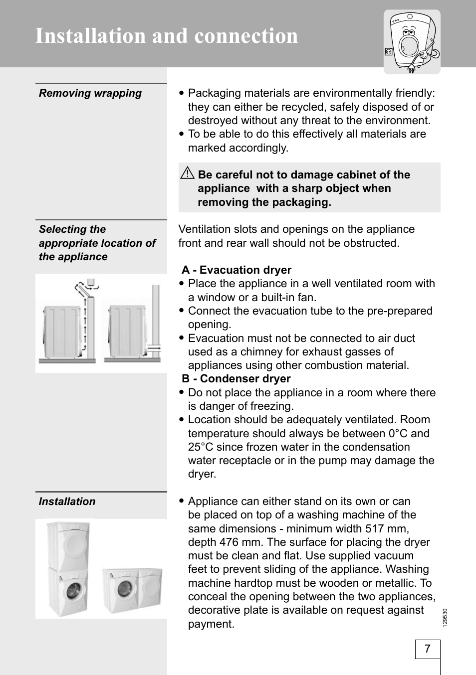 Installation and connection | Smeg DRY63CS User Manual | Page 7 / 32