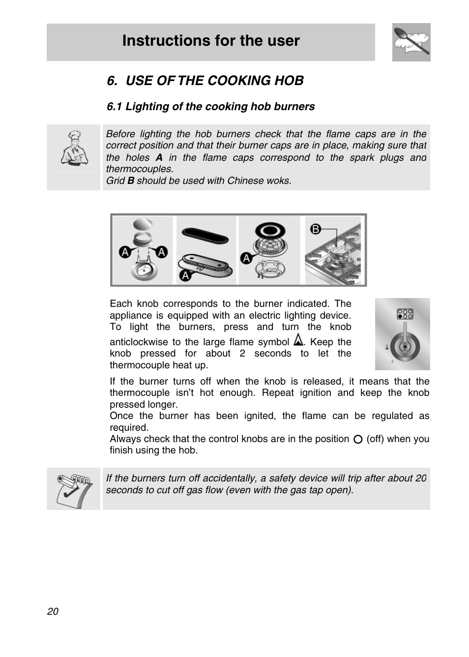 Instructions for the user, Use of the cooking hob, 1 lighting of the cooking hob burners | Smeg A11A-5 User Manual | Page 18 / 32