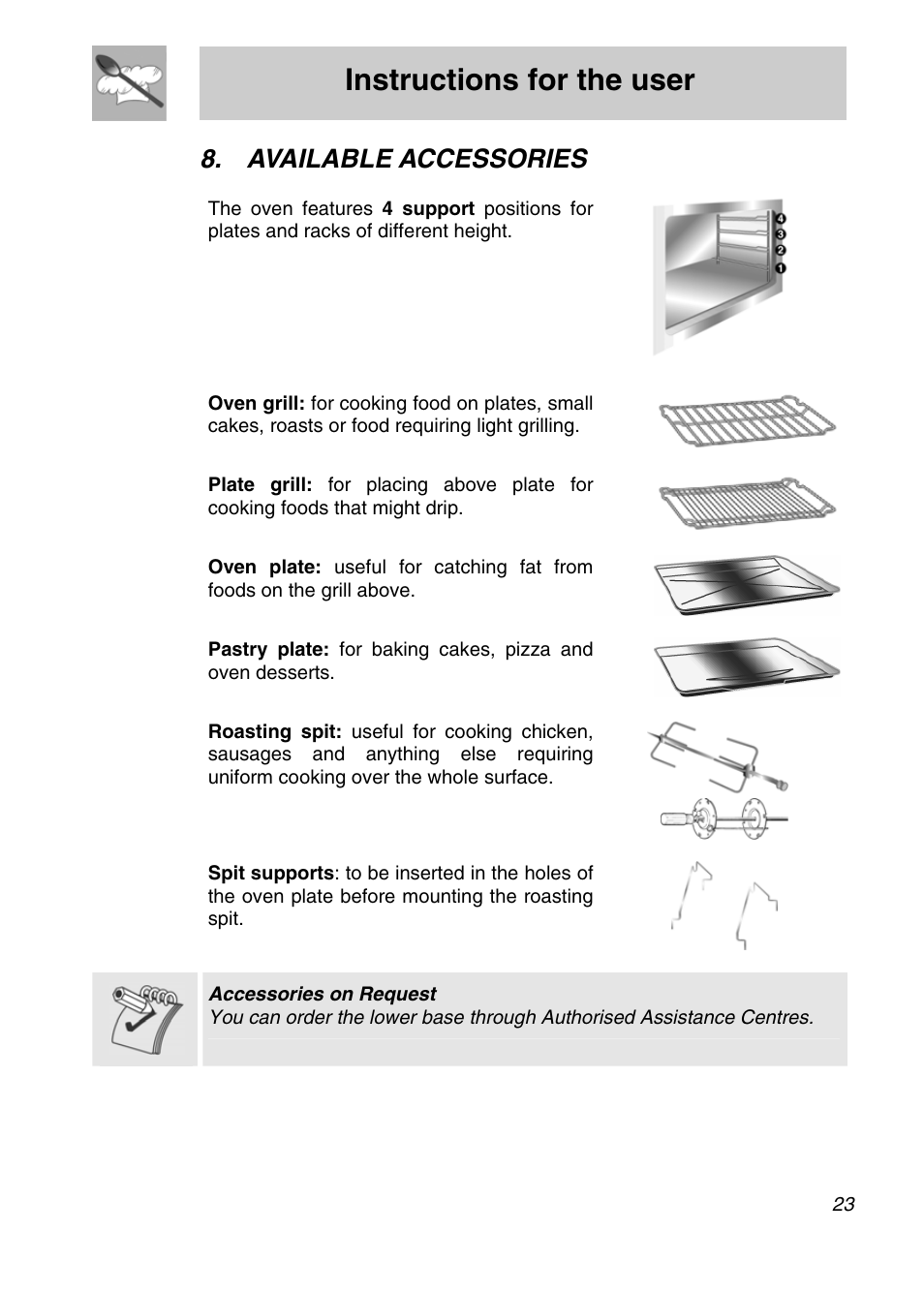 Instructions for the user, Available accessories | Smeg A11A-5 User Manual | Page 21 / 32