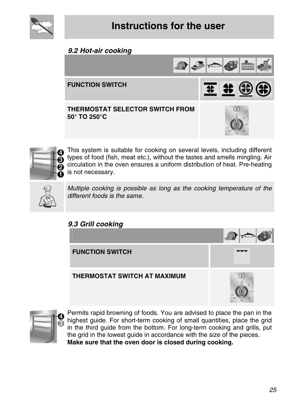 Instructions for the user, 2 hot-air cooking, 3 grill cooking | Function switch, Thermostat switch at maximum | Smeg A11A-5 User Manual | Page 23 / 32