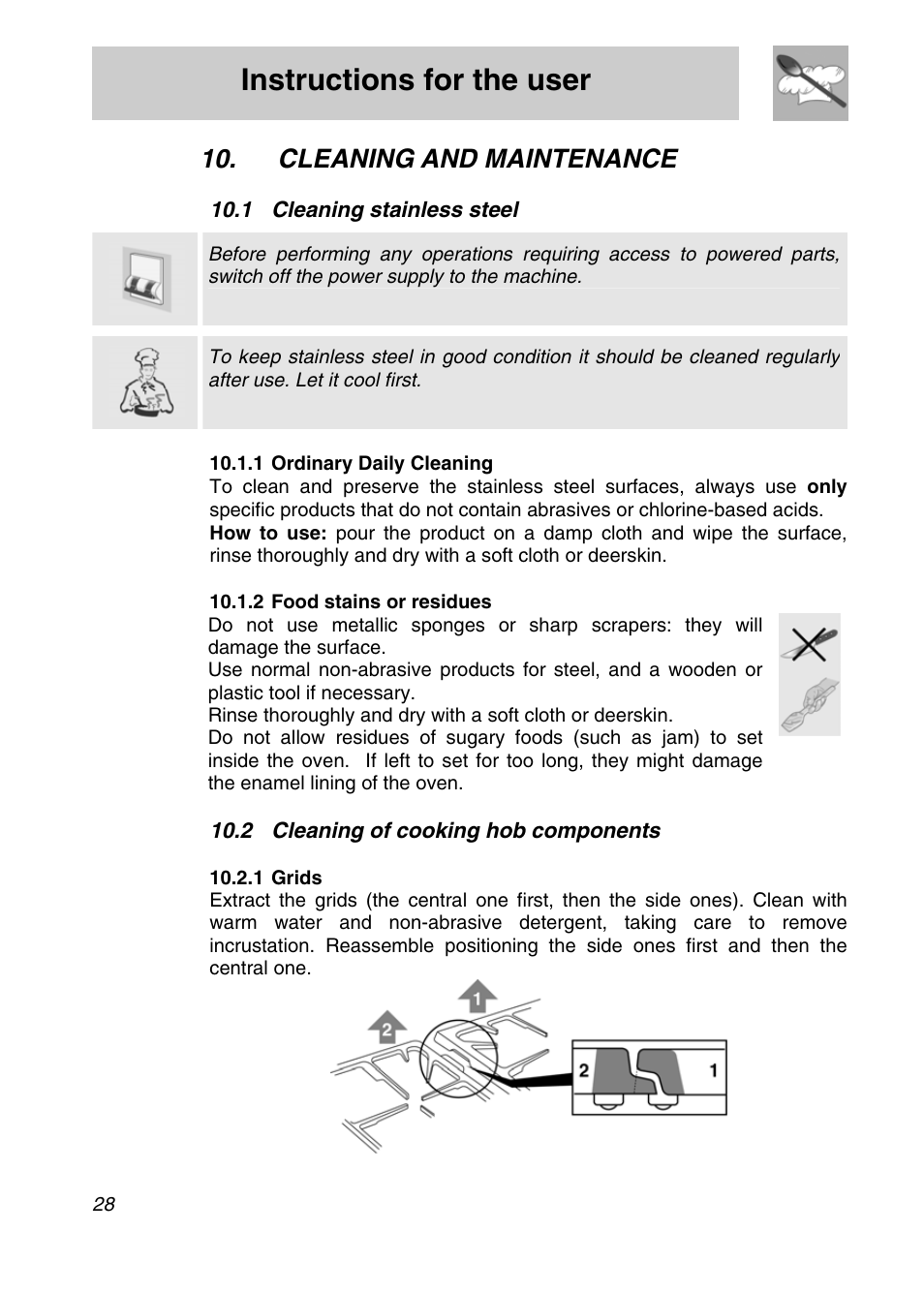 Instructions for the user, Cleaning and maintenance, 1 cleaning stainless steel | 2 cleaning of cooking hob components | Smeg A11A-5 User Manual | Page 26 / 32