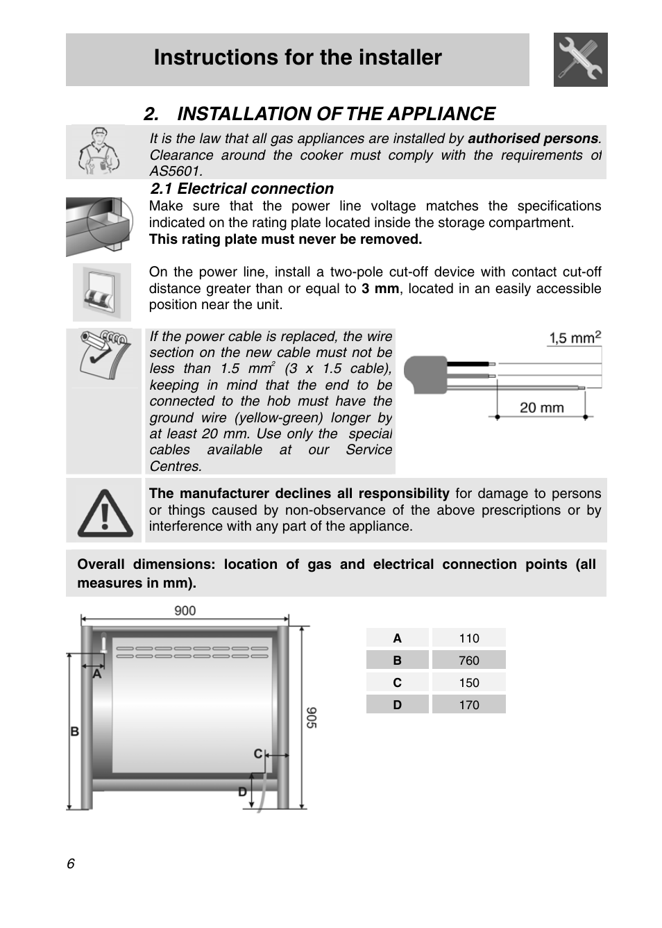 Instructions for the installer, Installation of the appliance, 1 electrical connection | Smeg A11A-5 User Manual | Page 4 / 32