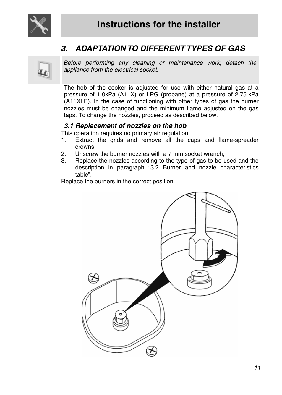 Instructions for the installer, Adaptation to different types of gas, 1 replacement of nozzles on the hob | Smeg A11A-5 User Manual | Page 9 / 32