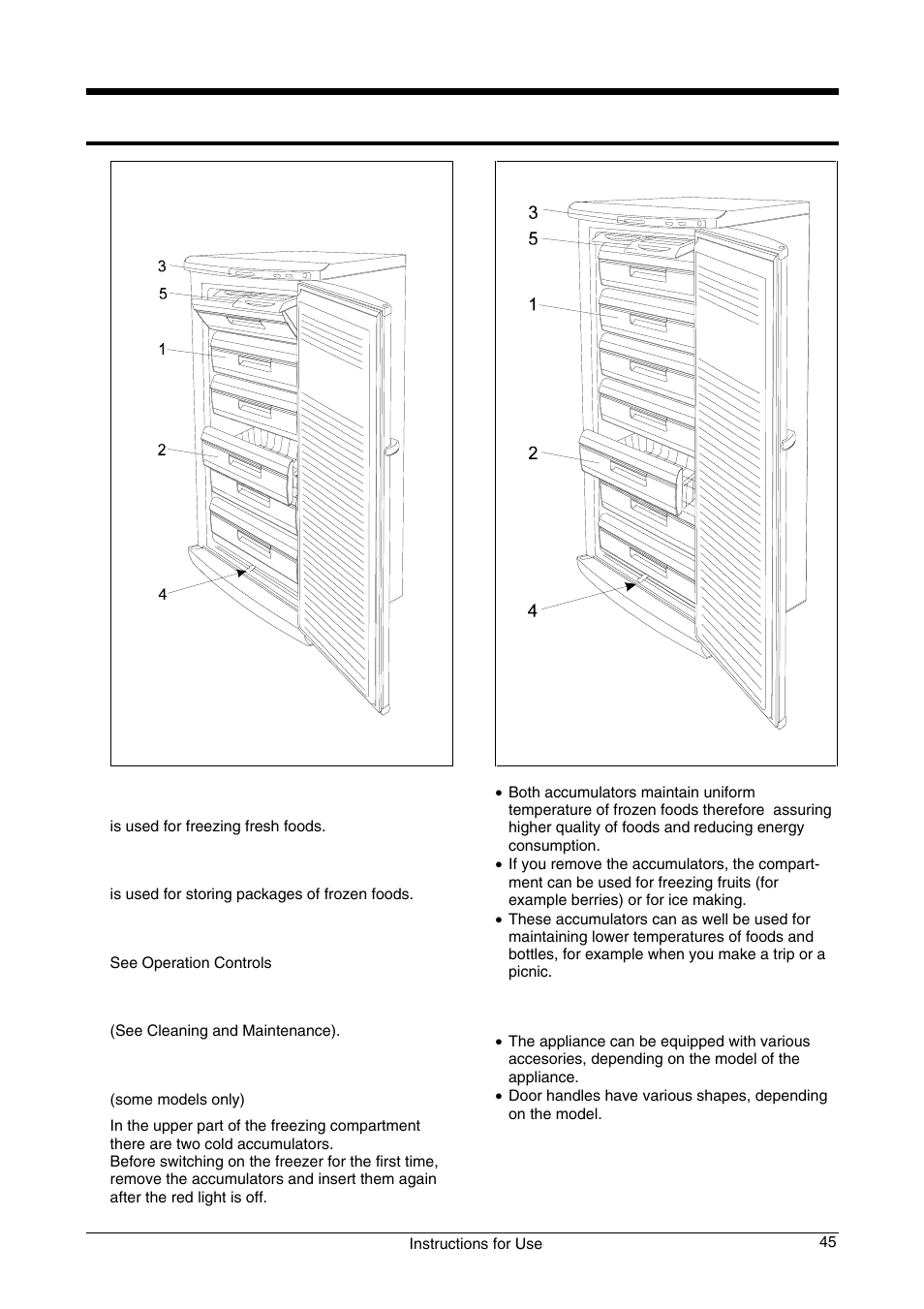 Description of the appliance, Freezing compartment (1), Storing basket (2) | Control panel (3), Defrost water outlet (4), Cold accumulators (5) | Smeg CV33B User Manual | Page 5 / 11