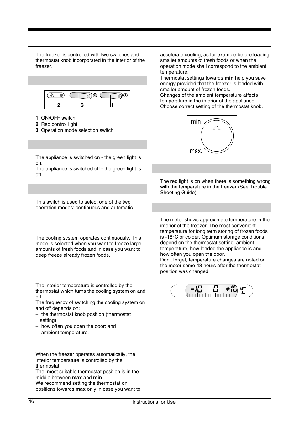 Operation control, Control panel, On/off switch | Operation mode selection switch, Red control light, External temperature meter, Continuous operation - the yellow light is on, Automatic operation - the yellow light is off, Temperature selection | Smeg CV33B User Manual | Page 6 / 11