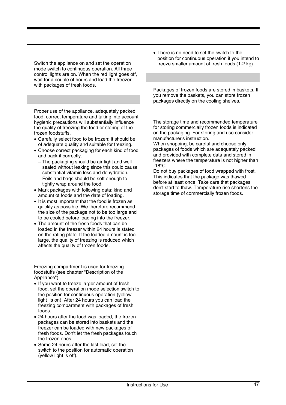 Freezing fresh foods, Storing frozen foods, Switching on the empty freezer | Freezing procedure, Storing commercially frozen foods | Smeg CV33B User Manual | Page 7 / 11