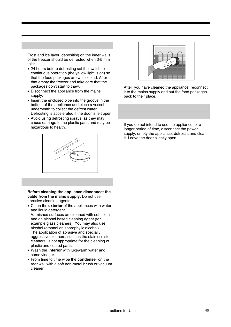 Maintenance and cleaning, Freezer defrosting, Cleaning the appliance | Switch off the appliance when not in use | Smeg CV33B User Manual | Page 9 / 11