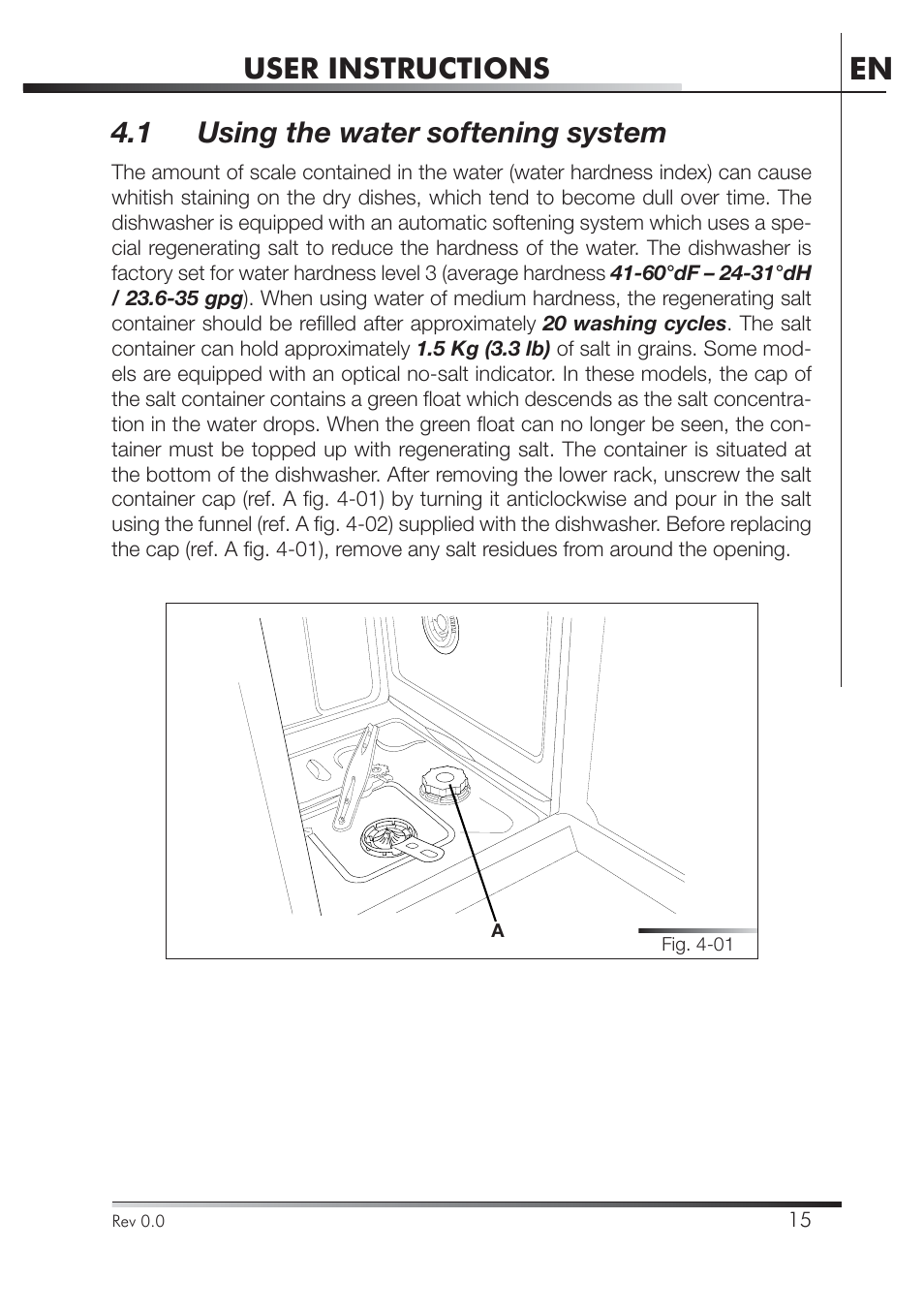 User instructions, 1 using the water softening system | Smeg STA4645 User Manual | Page 32 / 93