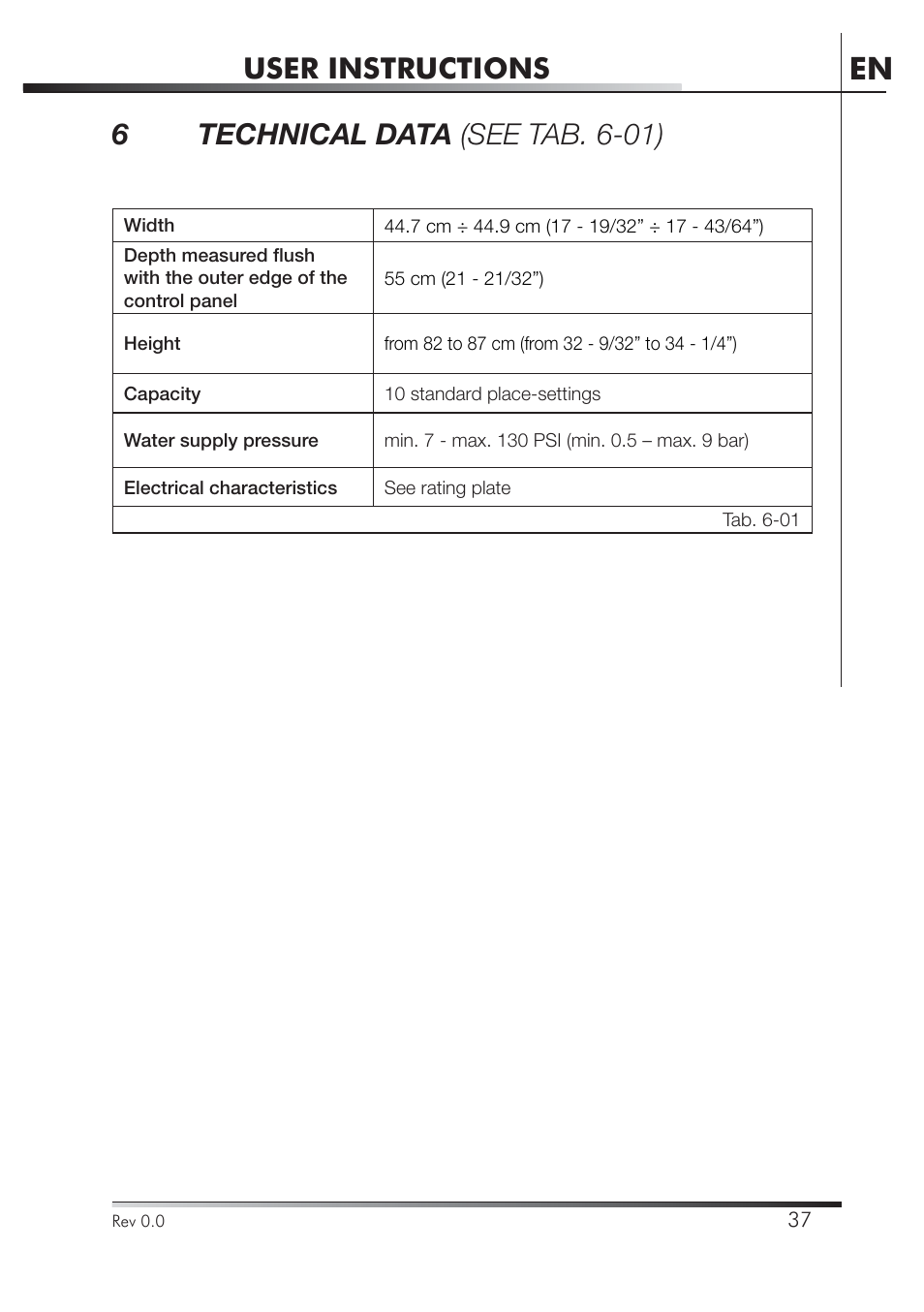 User instructions, 6 technical data (see tab. 6-01) | Smeg STA4645 User Manual | Page 54 / 93