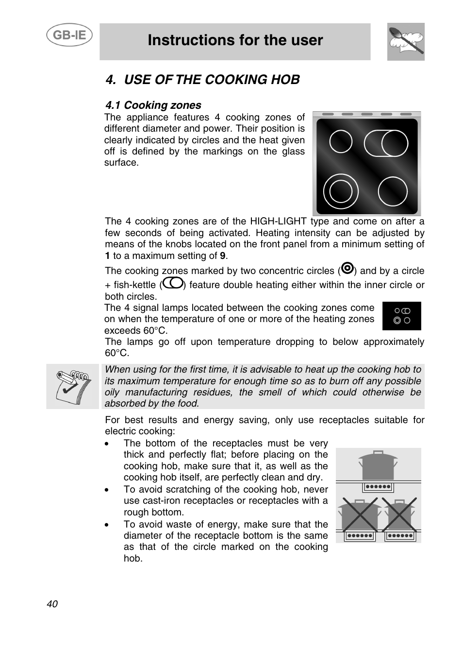 Instructions for the user, Use of the cooking hob | Smeg A41C-5 User Manual | Page 12 / 26
