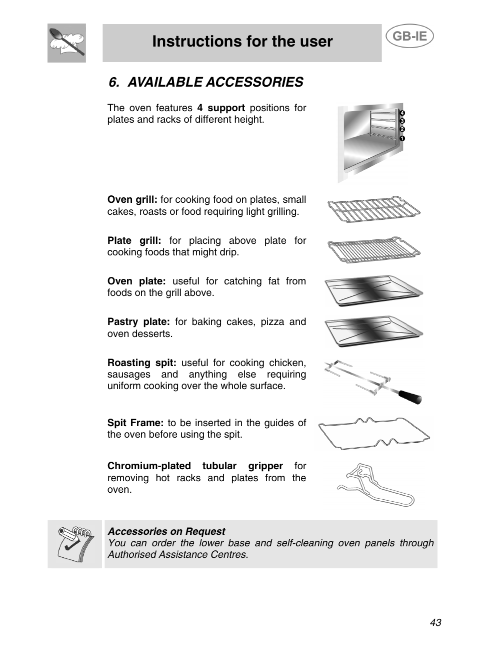 Instructions for the user, Available accessories | Smeg A41C-5 User Manual | Page 15 / 26