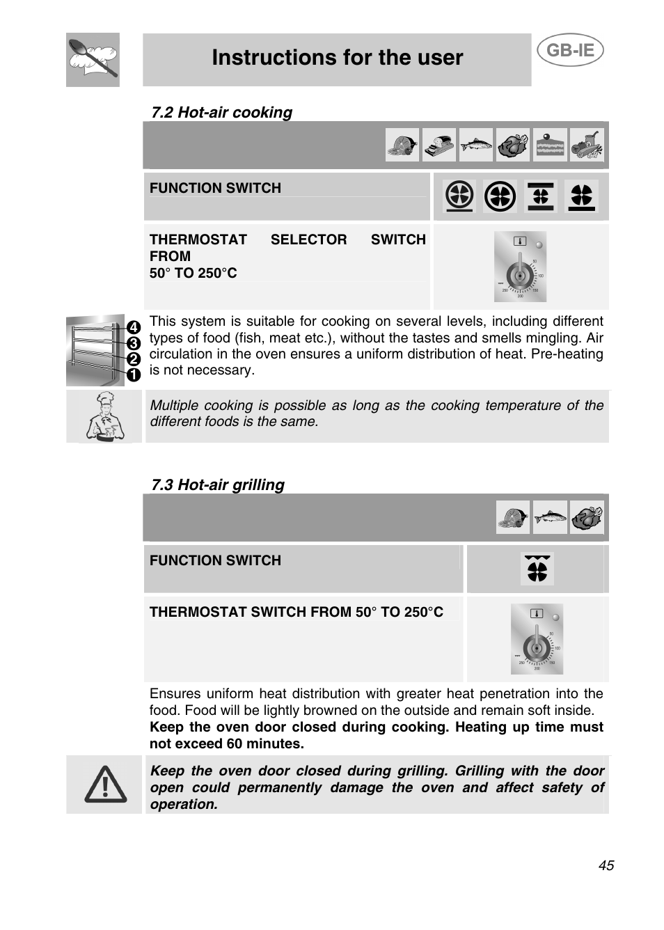Instructions for the user, 2 hot-air cooking, 3 hot-air grilling | Function switch | Smeg A41C-5 User Manual | Page 17 / 26