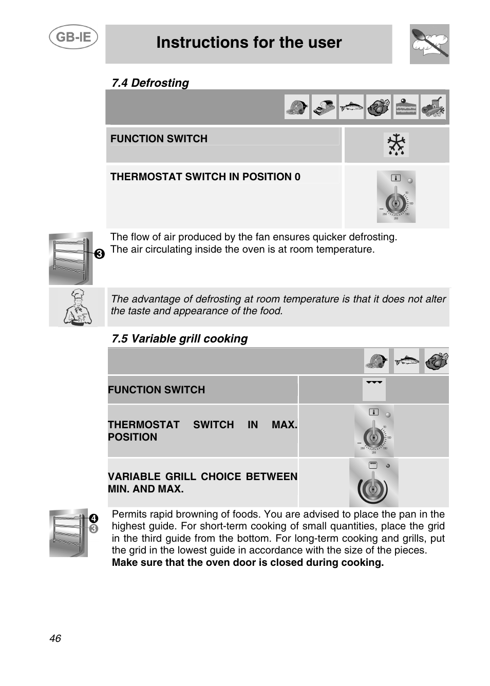 Instructions for the user, 4 defrosting, 5 variable grill cooking | Smeg A41C-5 User Manual | Page 18 / 26