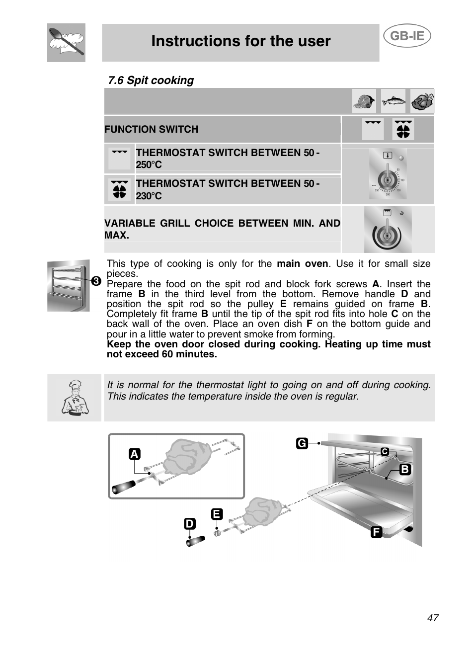 Instructions for the user, 6 spit cooking, Function switch | Smeg A41C-5 User Manual | Page 19 / 26
