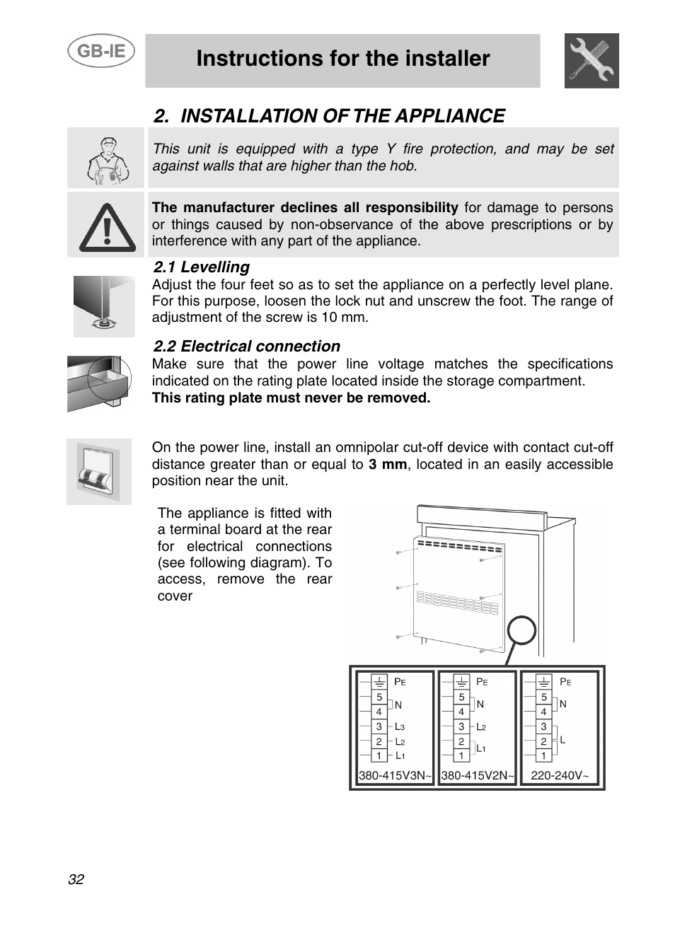 Instructions for the installer, Installation of the appliance, 1 levelling | 2 electrical connection | Smeg A41C-5 User Manual | Page 4 / 26