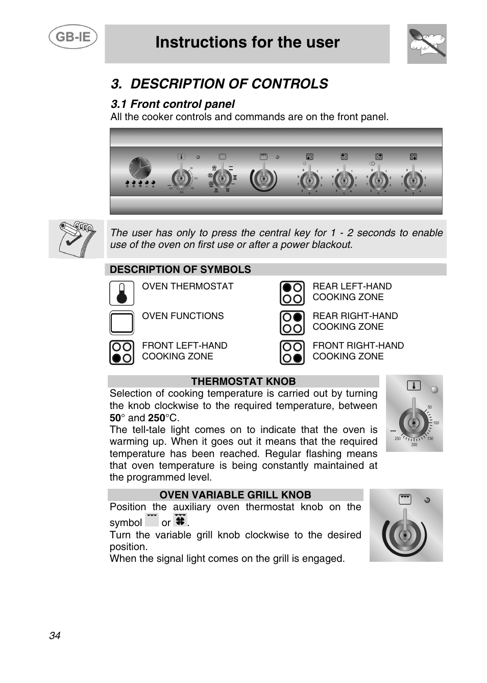 Instructions for the user, Description of controls, 1 front control panel | Description of symbols | Smeg A41C-5 User Manual | Page 6 / 26