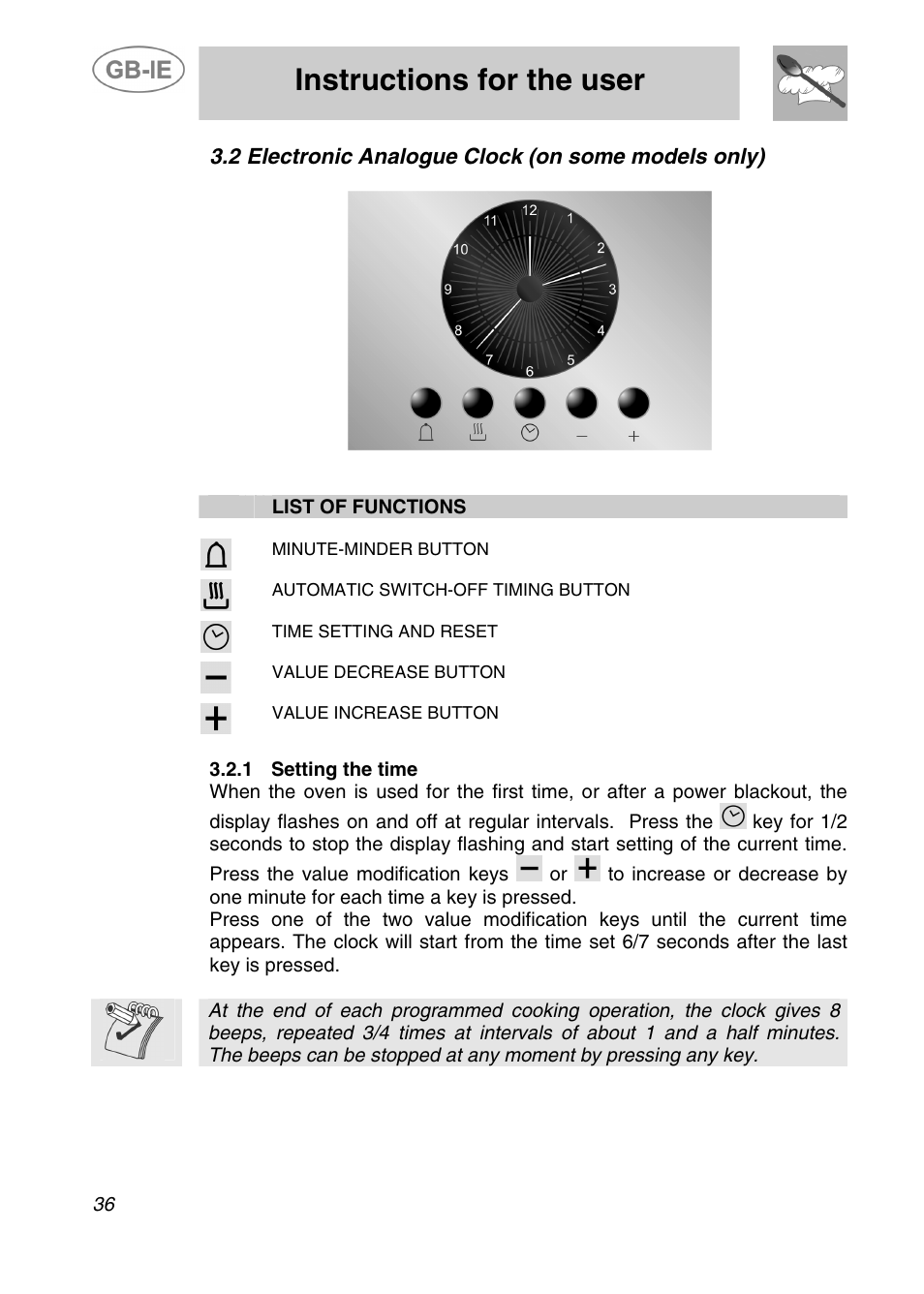Instructions for the user, 2 electronic analogue clock (on some models only) | Smeg A41C-5 User Manual | Page 8 / 26