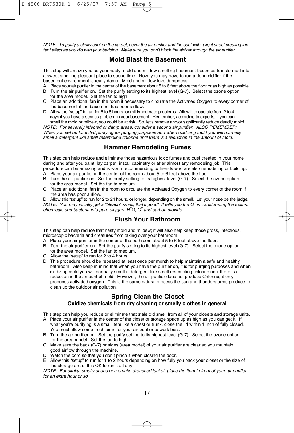 Mold blast the basement, Hammer remodeling fumes, Flush your bathroom | Spring clean the closet | SCI Scandicrafts A2840/R User Manual | Page 18 / 20