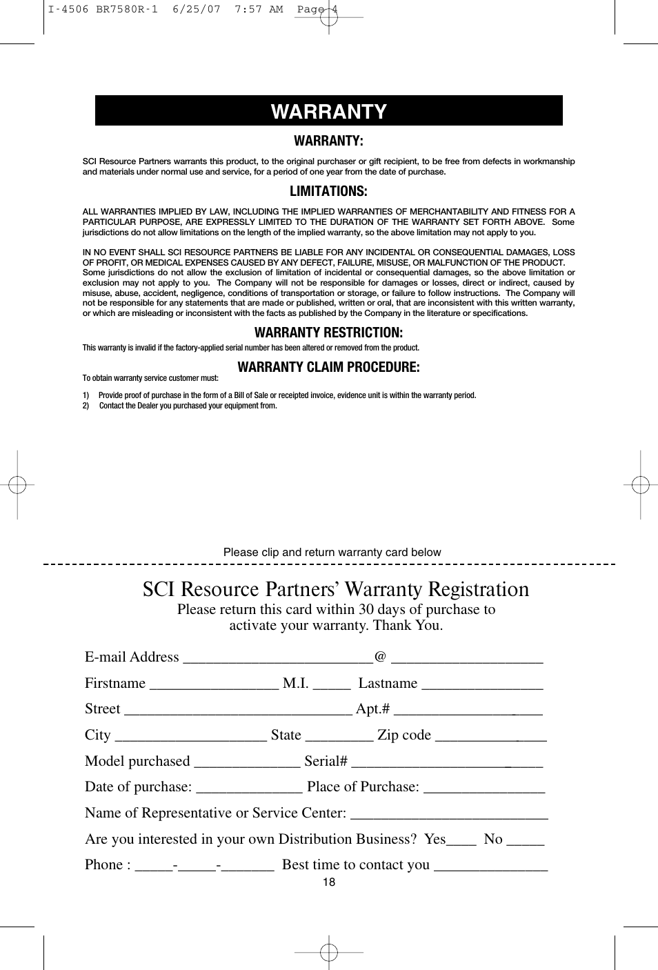 Sci resource partners’ warranty registration, Warranty | SCI Scandicrafts A2840/R User Manual | Page 19 / 20
