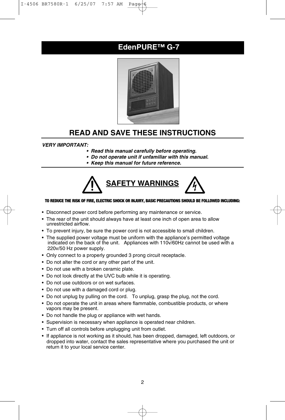 Edenpure™ g-7 read and save these instructions, Safety warnings | SCI Scandicrafts A2840/R User Manual | Page 3 / 20