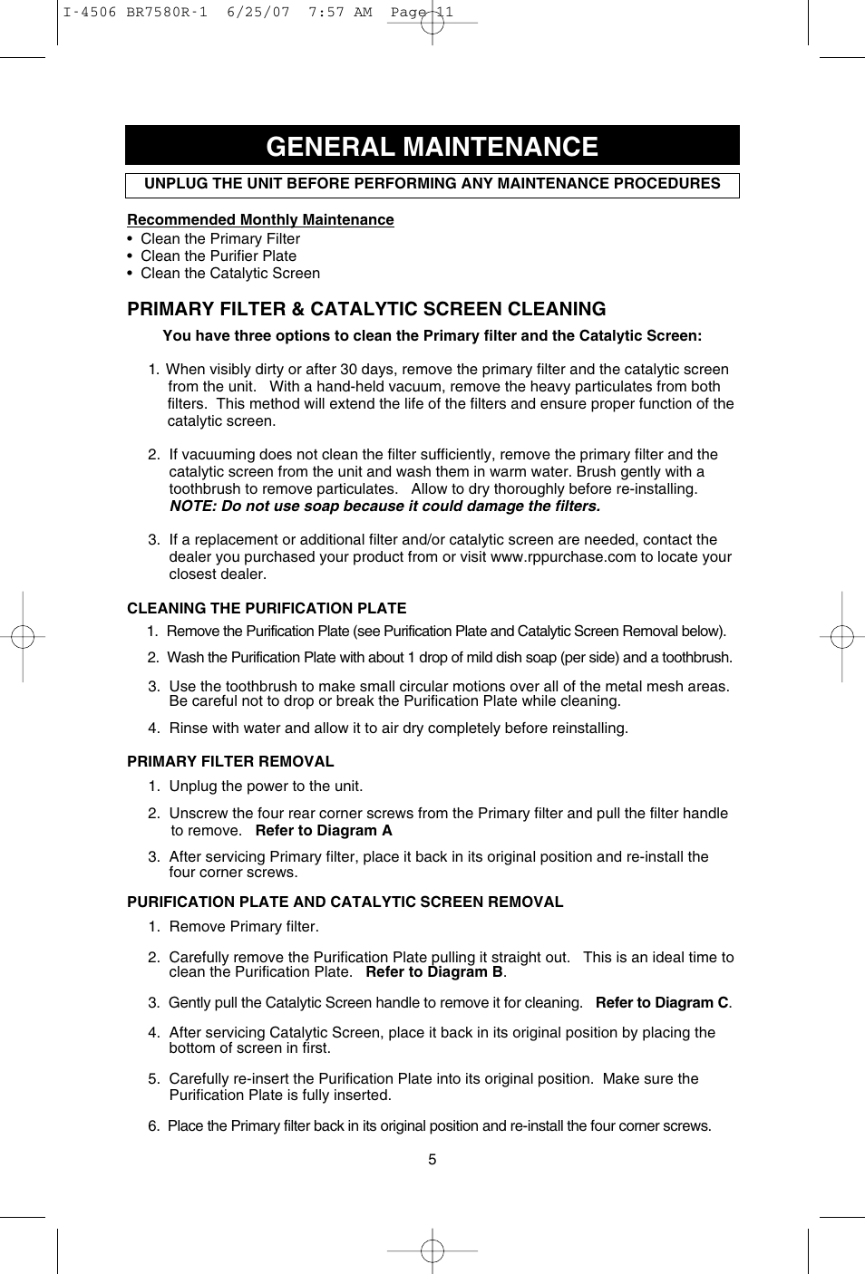 General maintenance, Primary filter & catalytic screen cleaning | SCI Scandicrafts A2840/R User Manual | Page 6 / 20