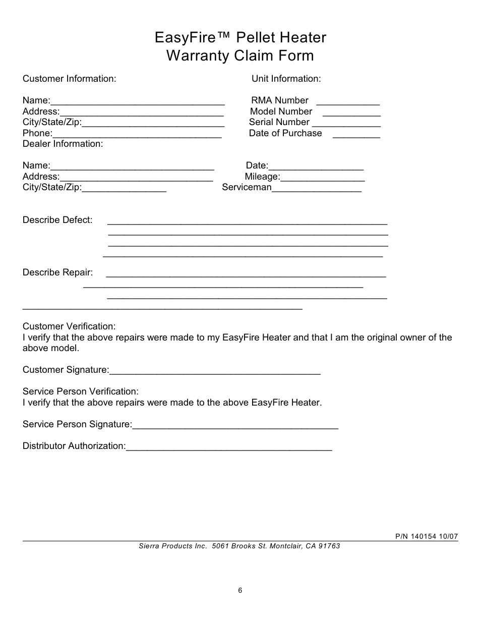 Easyfire™ pellet heater warranty claim form | Sierra Products EasyFire MODEL EFI 4000 User Manual | Page 6 / 30