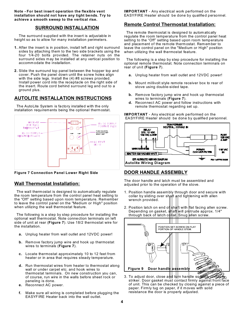 Surround installation, Autolite installation instructions, Wall thermostat installation | Remote control thermostat installation, Door handle assembly | Sierra Products EF-4001B User Manual | Page 4 / 13