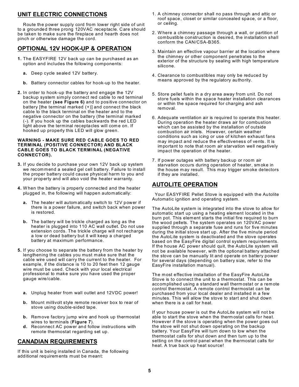 Unit electric connections, Optional 12v hook-up & operation, Canadian requirements | Autolite operation | Sierra Products EF-4001B User Manual | Page 5 / 13