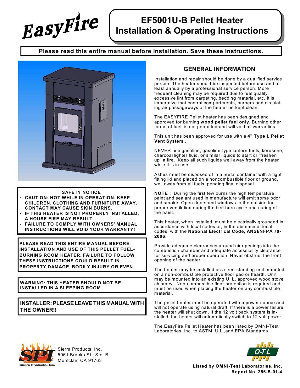 Sierra Products EASYFIRE EF5001U User Manual | 11 pages