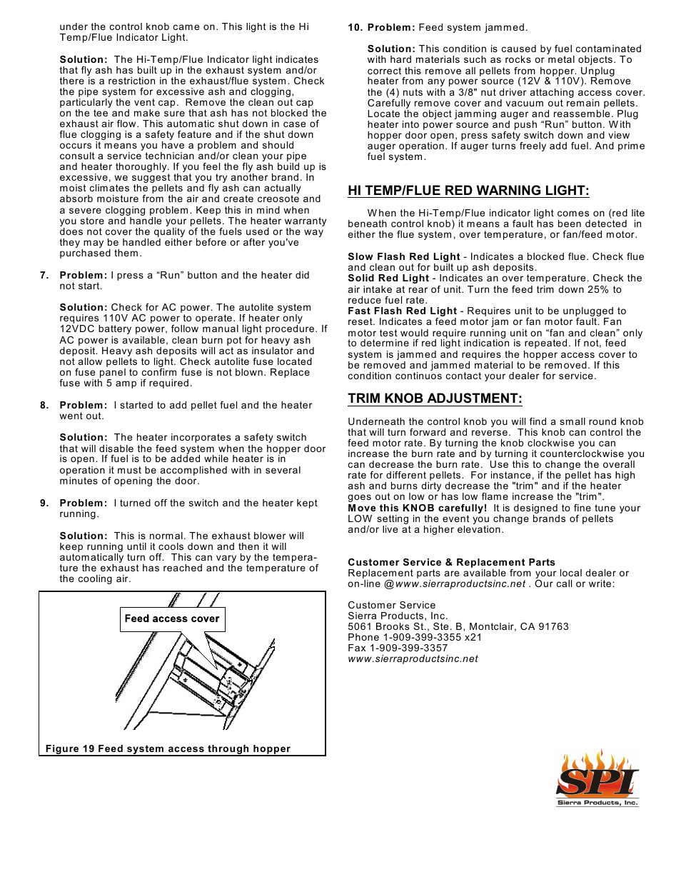 Hi temp/flue red warning light, Trim knob adjustment | Sierra Products EASYFIRE EF5001U User Manual | Page 10 / 11