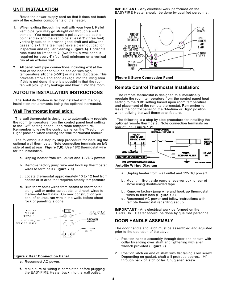 Unit installation, Autolite installation instructions, Wall thermostat installation | Remote control thermostat installation, Door handle assembly | Sierra Products EASYFIRE EF5001U User Manual | Page 4 / 11
