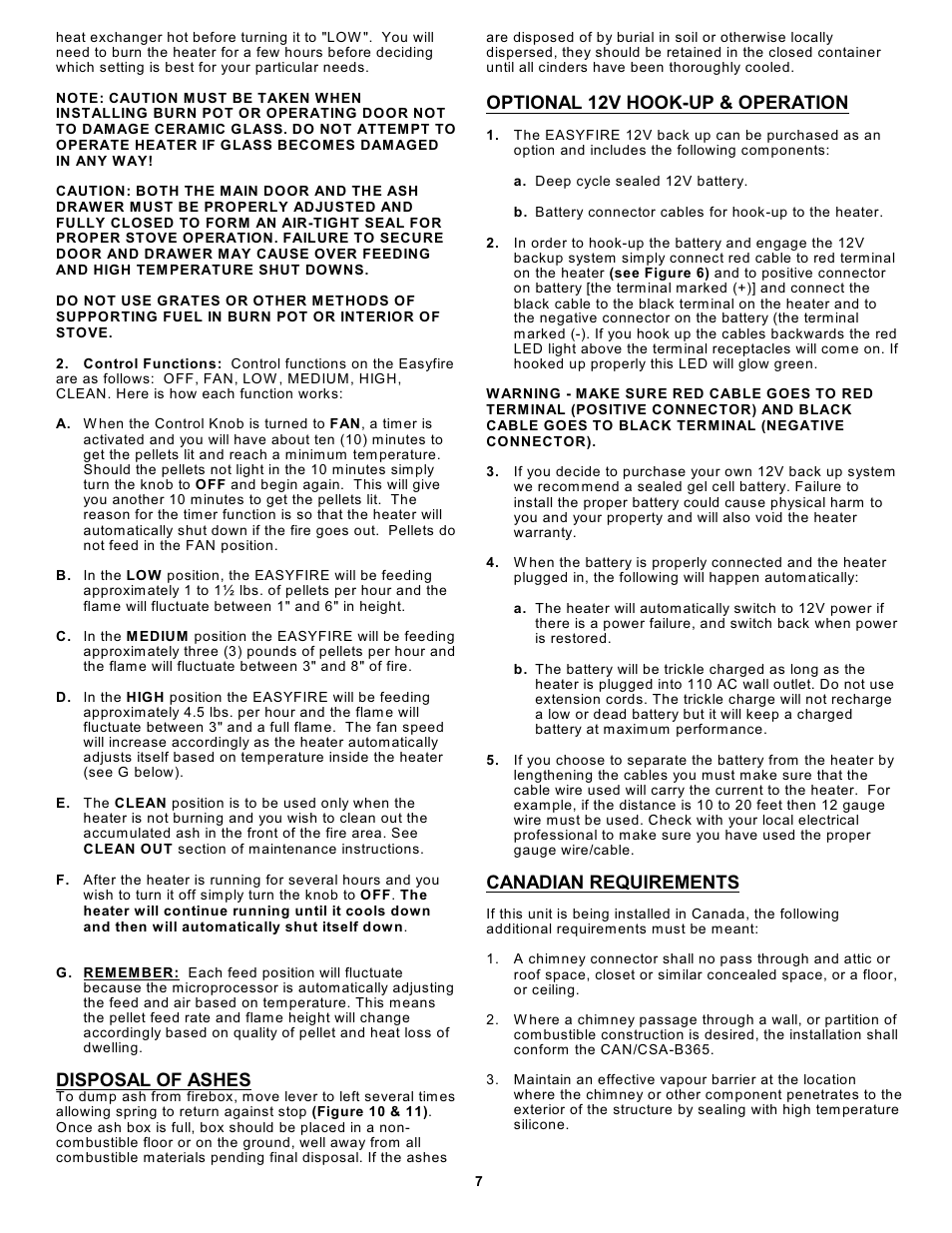 Disposal of ashes, Optional 12v hook-up & operation, Canadian requirements | Sierra Products EASYFIRE EF5001U User Manual | Page 7 / 11