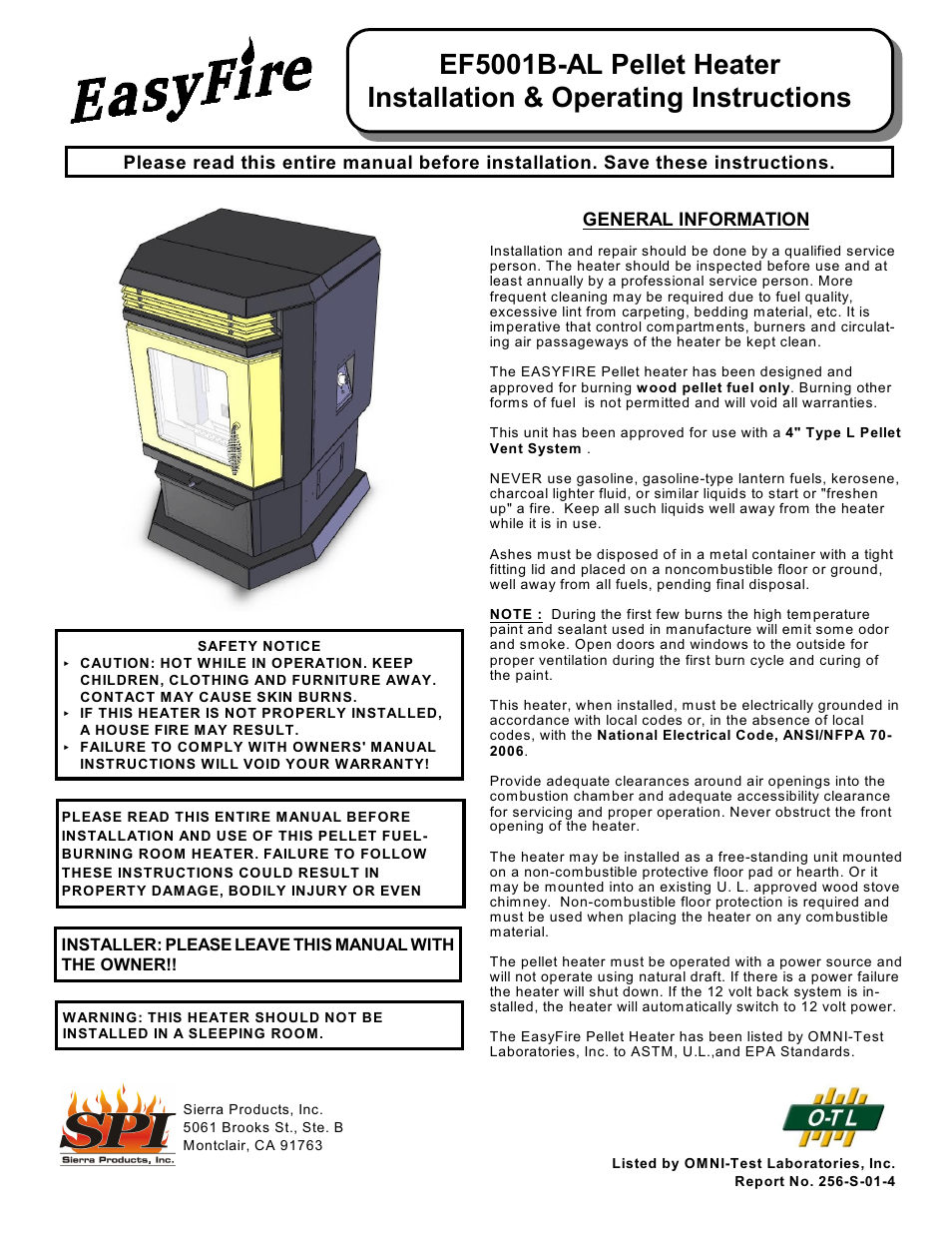 Sierra Products Pellet Heater EF5001B-AL User Manual | 11 pages