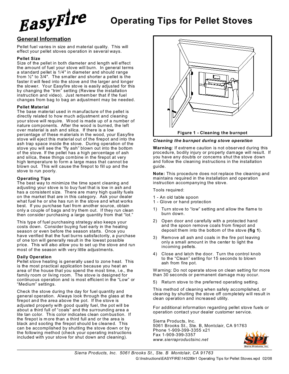 Sierra Products Pellet Stoves User Manual | 1 page