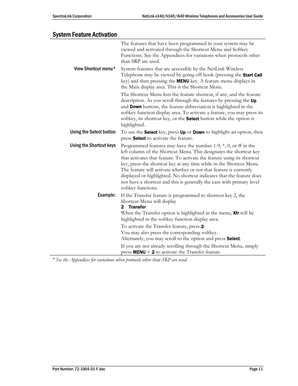 System feature activation | SpectraLink s340 User Manual | Page 11 / 52