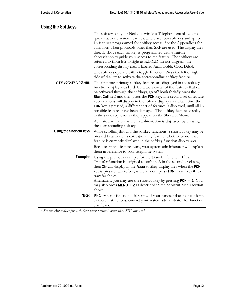 Using the softkeys | SpectraLink s340 User Manual | Page 12 / 52