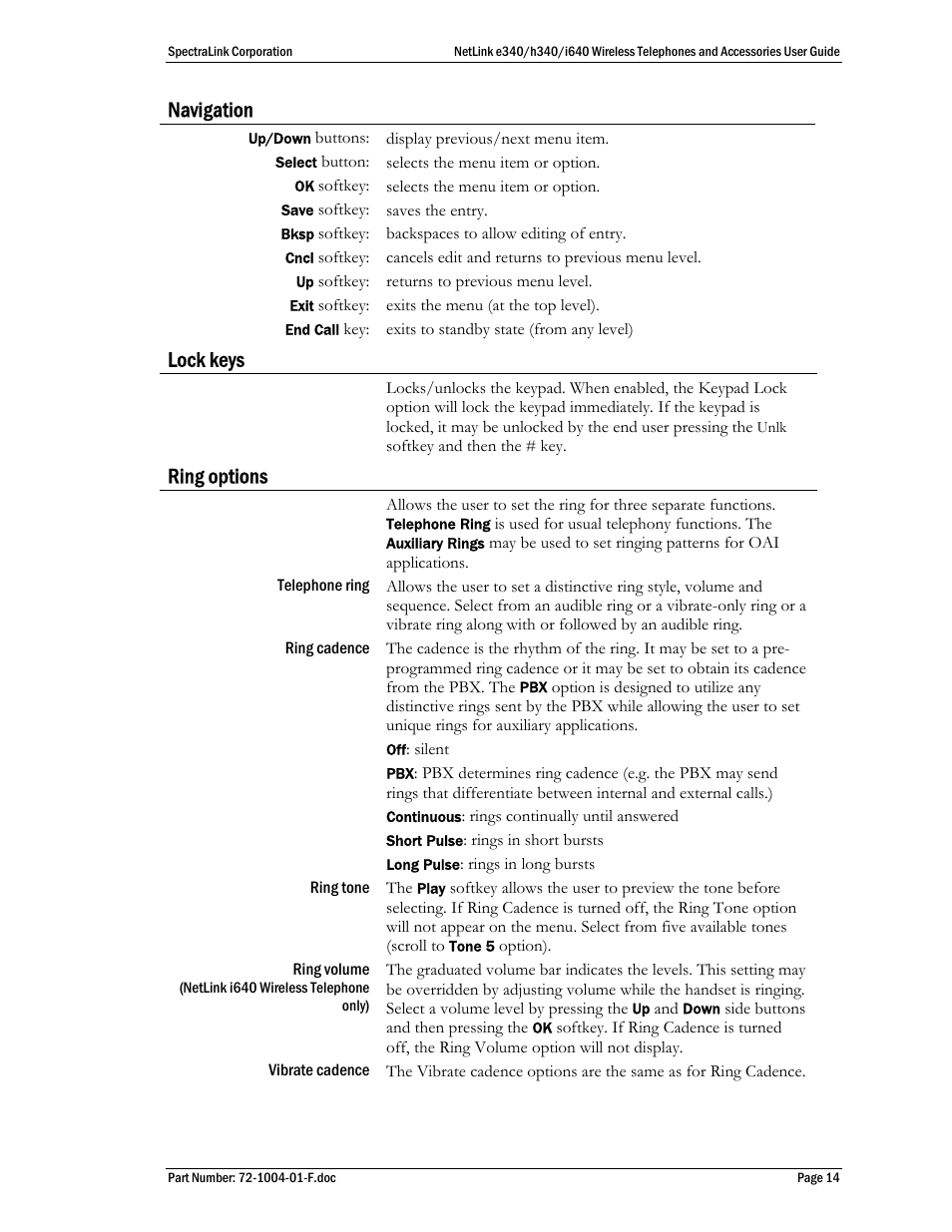 Navigation, Lock keys, Ring options | SpectraLink s340 User Manual | Page 14 / 52